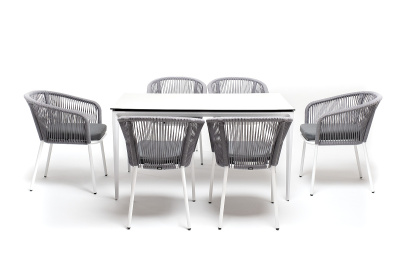 "Малага" обеденная группа на 6 персон со стульями "Марсель", каркас белый, роуп светло-серый