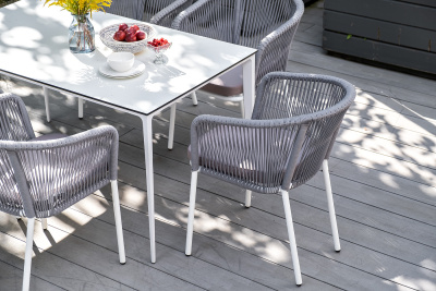 "Малага" обеденная группа на 6 персон со стульями "Марсель", каркас белый, роуп светло-серый
