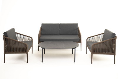 "Канны" лаунж-зона 4-местная из роупа со столом "Верона" (серый гранит), каркас алюминиевый коричневый, роуп коричневый