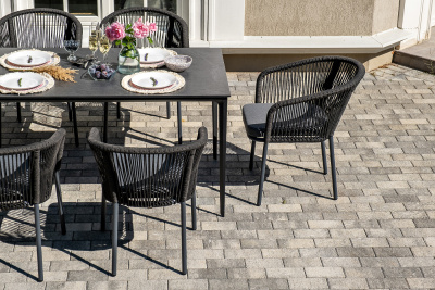 "Малага" обеденная группа на 6 персон со стульями "Марсель", каркас темно-серый, роуп темно-серый