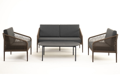 "Канны" лаунж-зона 4-местная из роупа со столом "Верона" (серый гранит), каркас алюминиевый коричневый, роуп коричневый